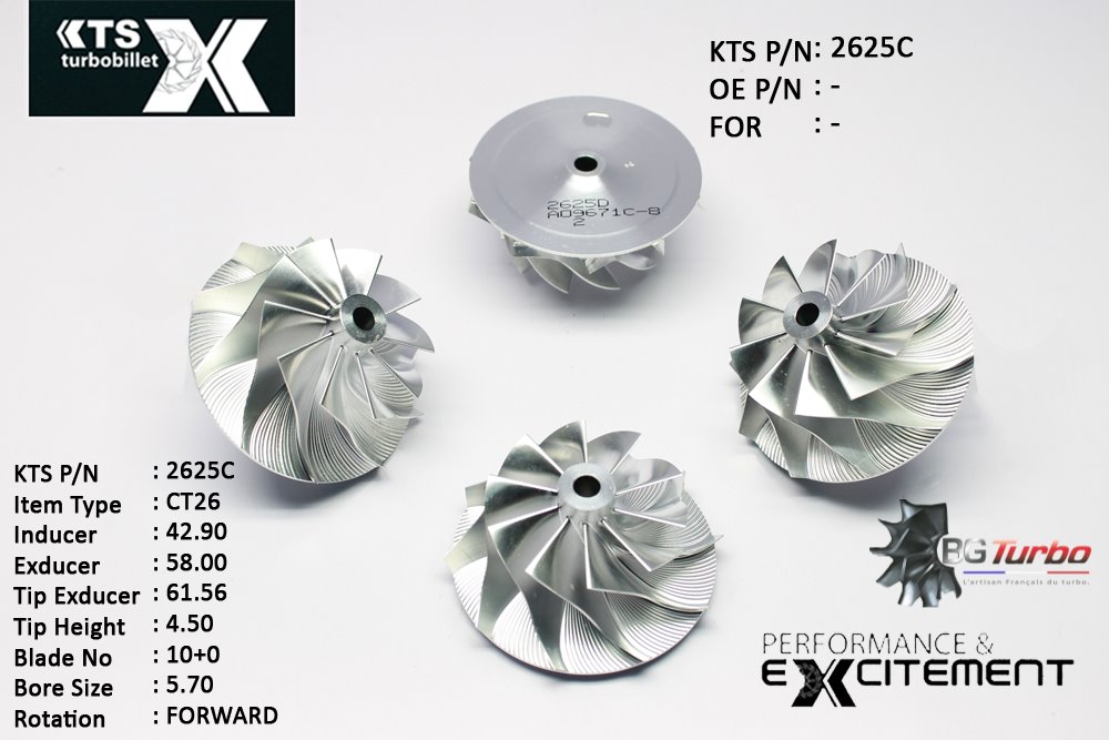 Turbo ROUE FORGÉE MFS PERFORMANCE - 10+0 PALES - INDUCER : 42,9 - EXDUCER : 58 - TYPE : CT26ANGLE : 60° - ROTATION : Forward - SUPER BACK : 2,6 - BORE SIZE : 5,7
